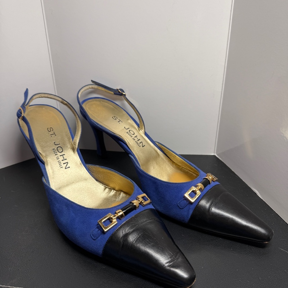 ST. JOHN 2 Tone Suede & Leather Blue/Black Slingback Buckle Shoes Heels 9.5